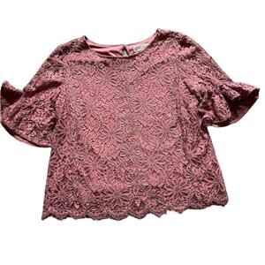 Lace Blouse Flutter Sleeve Sz Large Feminine Boho Dusty Rose Romantic Ethereal